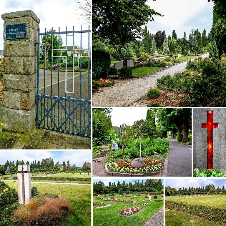 Eine Collage aus Bildern des Bommeraner Friedhofs